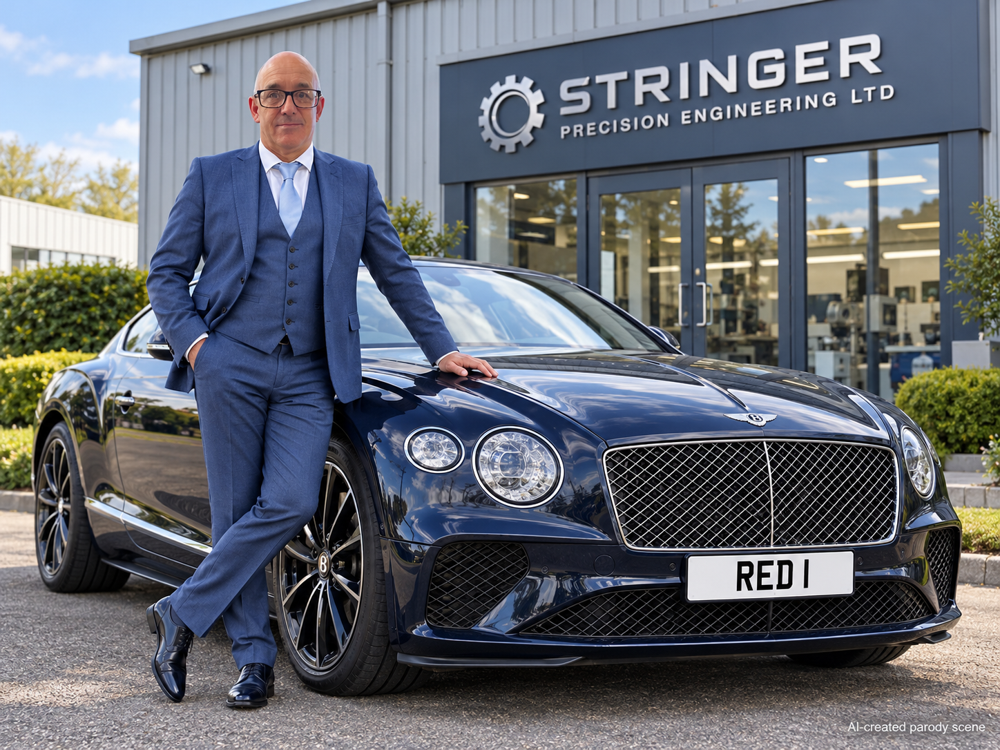 Created scene of Red outside Stringer Precision beside a Bentley with RED 1 plate