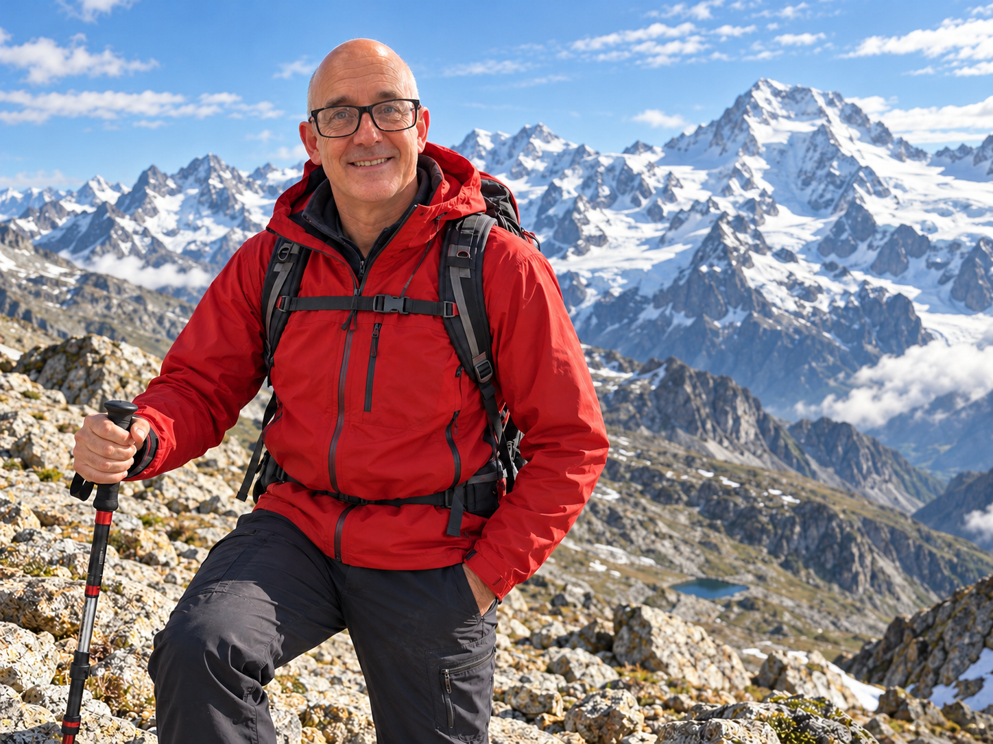 Created scene of Red in a red mountaineering jacket and backpack in the mountains