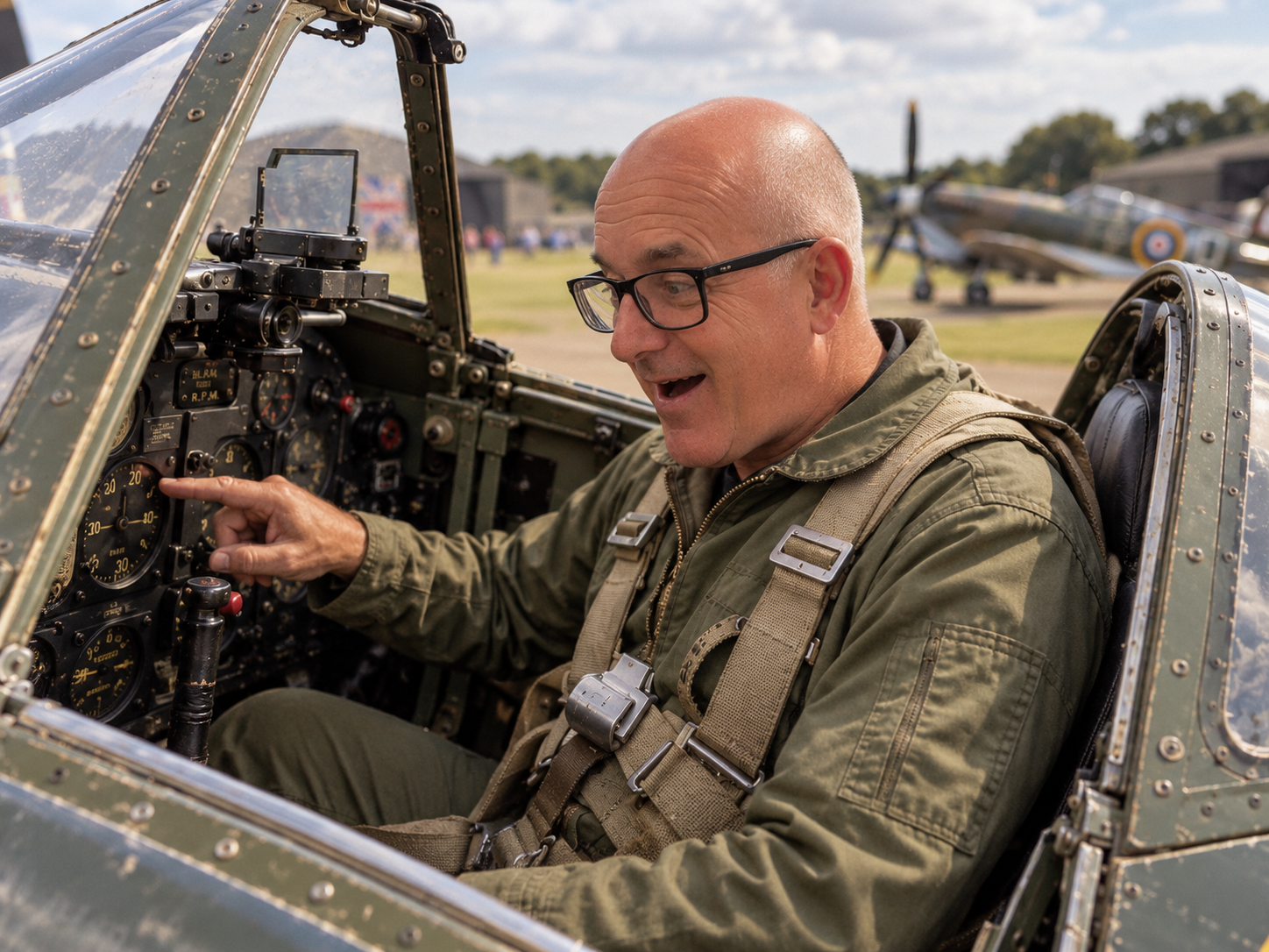Supplied parody scene of Red pointing out an instrument inside a restored Spitfire cockpit